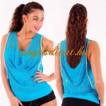 KÉK UJJATLAN NŐI FELSŐ STRASSZOS