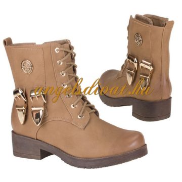 Fűzős bakancs oldalán arany csatos díszekkel - beige