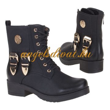 Fűzős bakancs oldalán arany csatos díszekkel - fekete