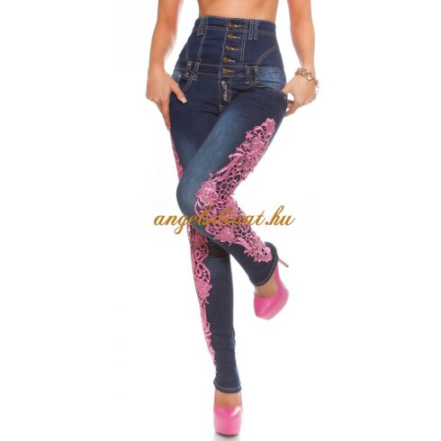 Magas derekú sötétkék farmernadrág pink csipke rátéttel