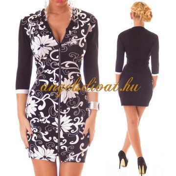 FEKETE FEHÉR MINTÁS STRASSZ CIPZÁRAS NŐI RUHA.