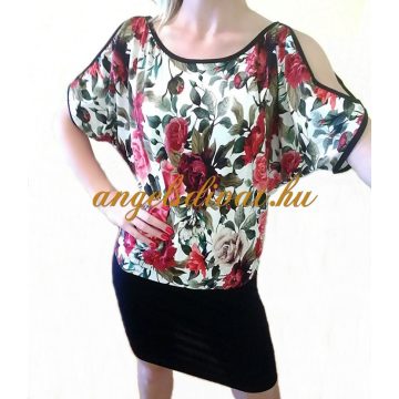 RÖVID UJJÚ FEKETE KONTÚROS VIRÁG MINTÁS RUHA TUNIKA