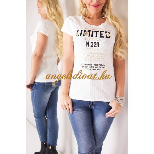 Feliratos limited edition rövid ujjú bordás női felső