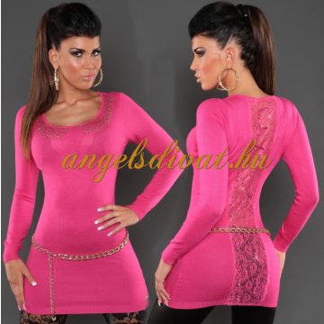 HÁTÁN CSIPKE BETÉTES PINK HOSSZÚ FELSŐ NŐI PULÓVER