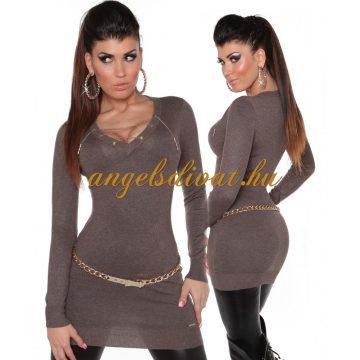   LÁNC DEKOLTÁZSÚ SZÜRKE HOSSZÚ UJJÚ FELSŐ NŐI PULÓVER..