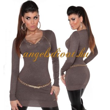   LÁNC DEKOLTÁZSÚ SÖTÉTBARNA HOSSZÚ UJJÚ FELSŐ NŐI PULÓVER..