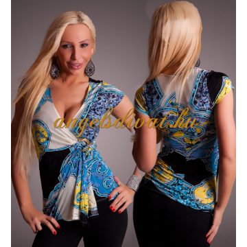 GÖRÖG MINTÁS KÉK SÁRGA RÖVIDUJJÚ NŐI FELSŐ