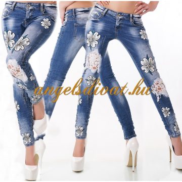 NAGY VIRÁG DÍSZES CSIPKÉS NŐI FARMERNADRÁG.