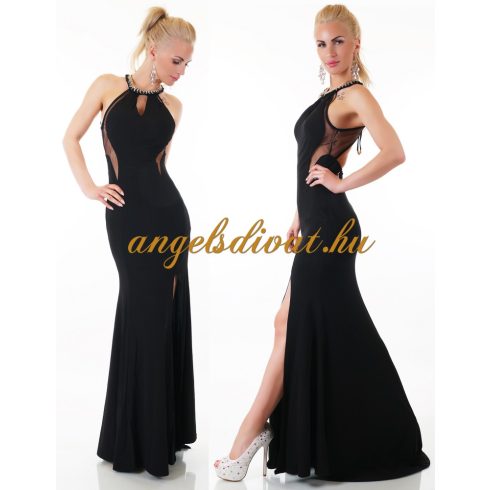 HOSSZÚ FEKETE ALKALMI RUHA NYAKÁN DÍSZES