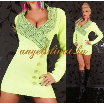 SZÉP DEKOLTÁZSÚ GOMB DÍSZES NŐI PULÓVER NEONZÖLD