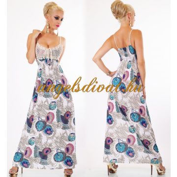 HORGOLT MELLRÉSZŰ KÉK FEHÉR SZÍNES HOSSZÚRUHA  