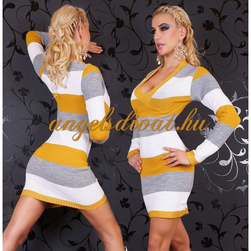 SZÜRKE FEHÉR MUSTÁRSÁRGA CSÍKOS NŐI HOSSZÚ PULÓVER