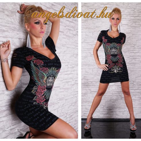 TATTOO MINTÁS ELÖL HÁTÁN SZAGGATOTT MINIRUHA FEKETE