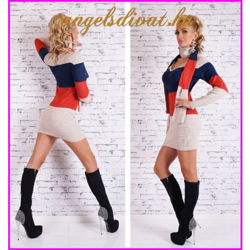 KÉK PIROS BEIGE CSÍKOS PULÓVER+SÁL