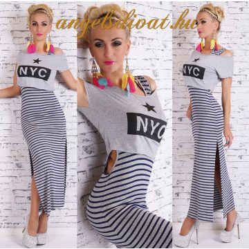 SZÜRKE CSÍKOS SLICCELT RUHA PÓLÓS FELSŐVEL