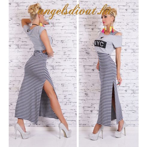 SZÜRKE CSÍKOS SLICCELT RUHA PÓLÓS FELSŐVEL