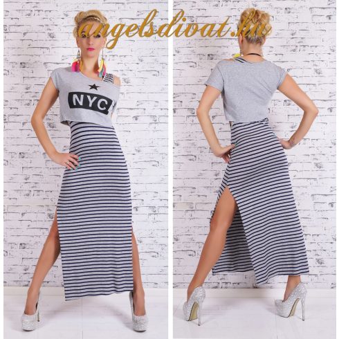 SZÜRKE CSÍKOS SLICCELT RUHA PÓLÓS FELSŐVEL