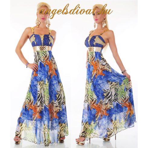 KÉK MINTÁS ARANY VÁLLPÁNTOS HOSSZÚ RUHA