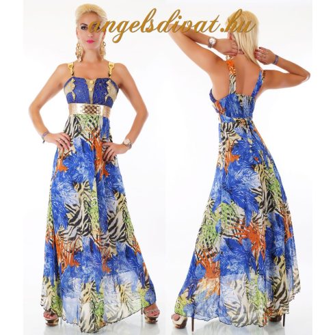 KÉK MINTÁS ARANY VÁLLPÁNTOS HOSSZÚ RUHA