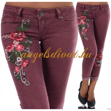 KOPTATOTT BORDÓ FARMERNADRÁG VIRÁG DÍSZES.